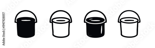 Bucket or pail vector icons set. Simple container symbols in black and outline styles, isolated on white background.