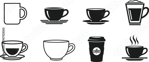 Coffee cup and takeaway mug icon collection with espresso latte hot drink silhouettes isolated for cafe beverage brandingt