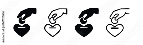 Hand with coin dropping into heart donation box icons set. Charity and giving symbols in black and outline style.
