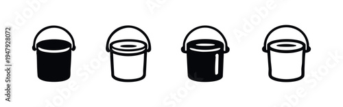 Bucket or pail vector icons set. Simple container symbols in black and outline styles, isolated on white background.