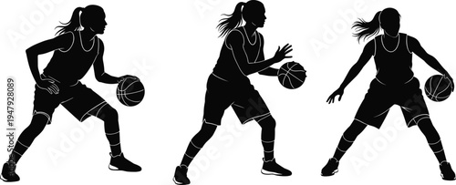 Set of black silhouettes of a female basketball player dribbling a ball in different poses for sports and fitness designs (20 words)