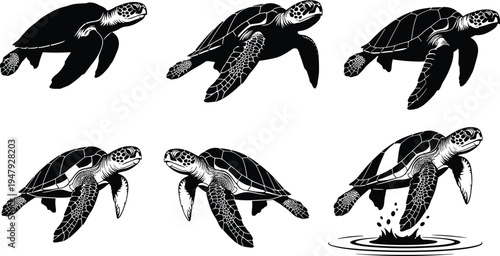 Set of sea turtle silhouettes in various swimming poses isolated on white background, vector marine animal illustrations for ocean conservation.