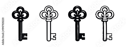 Antique Key Icon Set. Vintage Ornate Skeleton Key Symbols for Unlocking and Discovery Concepts.