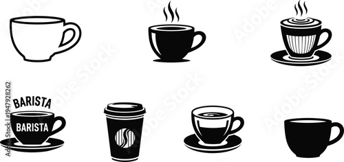 Coffee cup and takeaway mug icon set with barista espresso latte hot drink silhouettes isolated for cafe beverage branding