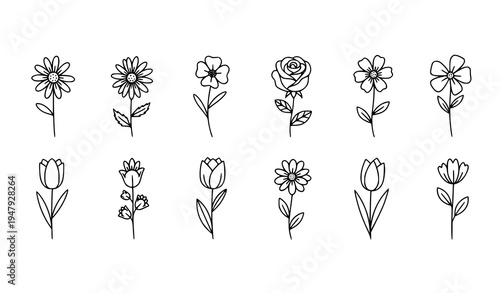 Hand Drawn Flower Vector Set Minimalist Black Outline Doodle Icons for Notebook and Pattern Design