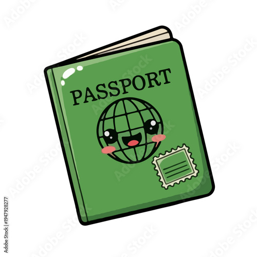 Cute cartoon green passport with smiling face and stamp