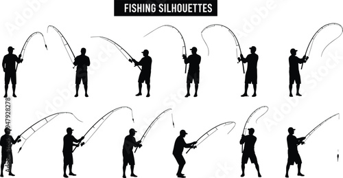Fishing silhouettes collection showing anglers casting and catching fish with rod and reel, outdoor hobby sport activity isolated on white background