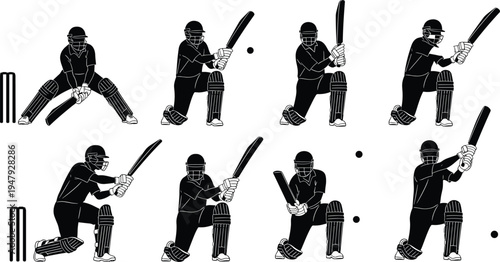 Set of cricket batsman silhouettes performing various batting shots like sweep, drive, and defensive strokes near wickets on white background.