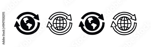 Global Network and Circular Arrows Icon Set, World Exchange and Recycle Earth Symbols, International Shipping and Worldwide Connection Icons