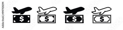 Airplane and Dollar Banknote Icon Set, Flight Cost and Travel Expense Symbols, Air Travel Finance and Spending Vector Icons