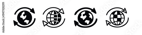 Global Circulation and Earth Arrow Icons, Worldwide Connection and Recycle Planet Symbols, International Business and Eco-friendly Globe Icons