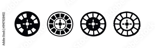 Casino Roulette Wheel & Chip Icons Set - Black Silhouette and Outline Gaming Symbols