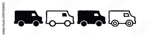 Black and White Delivery Truck Van Icons Set for Logistics and Transportation Services