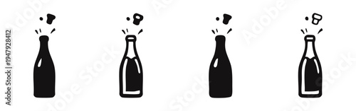 Sparkling Bottle Pop Icons - Set of Black Silhouette and Outline Bottle Opening with Splash Effect