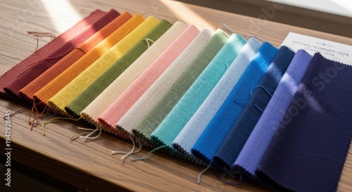 A rainbow of fabric swatches on a wooden table, with a white paper note on the right side.