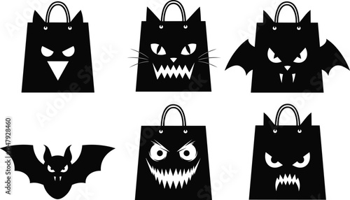 Halloween shopping bags, spooky icons, monster faces, bat silhouette, scary gift packaging, festive vector set, silhouette design, creepy decor, minimal sketch