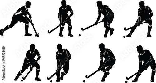 Field hockey player silhouettes, athletes dribbling ball with stick, sport action poses, team competition, outdoor game, training, hockey movement set