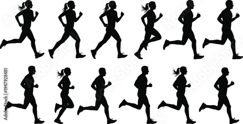 Collection Of Running Men And Women Silhouettes Featuring Athletes Jogging In Action Poses For Sports Fitness Marathon Healthy Lifestyle Training