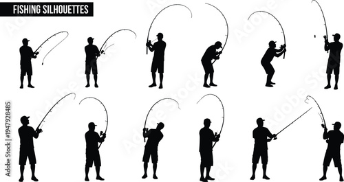Fishing silhouettes set with anglers casting and catching fish using rod and reel, outdoor recreational sport activity isolated on white background