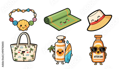 Cute summer-themed cartoon icons with cheerful expressions
