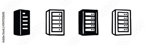 Server Rack Icons Set. Data Center, Web Hosting, and IT Technology Vector Illustrations.