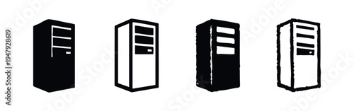 Set of Black Server Rack and Data Center Icons in Various Styles