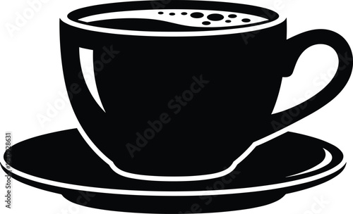 Coffee cup on saucer icon silhouette with hot beverage isolated symbol for cafe drink menu and coffee branding