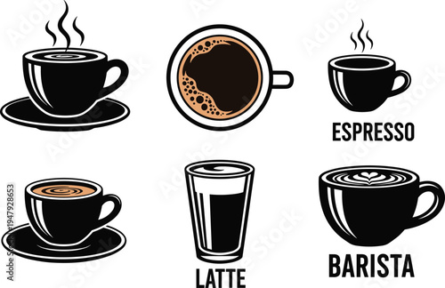 Coffee cup icon set with espresso latte barista drinks and hot beverage silhouettes isolated for cafe menu branding