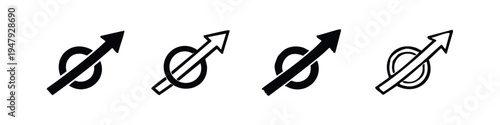 Growth arrow icon set in various styles. Upward trending arrow passing through a circle symbol for progress and success.