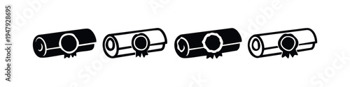 Rolled diploma with seal icon set in various styles. Graduation certificate symbols for academic achievement and success.