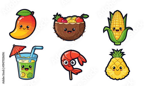 Cute Kawaii Food Icons Featuring Fruits and Seafood in Cartoon Style