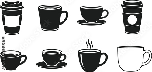 Collection of coffee cup silhouettes including takeaway mugs espresso cups and ceramic mugs isolated icon set for cafe beverage branding design