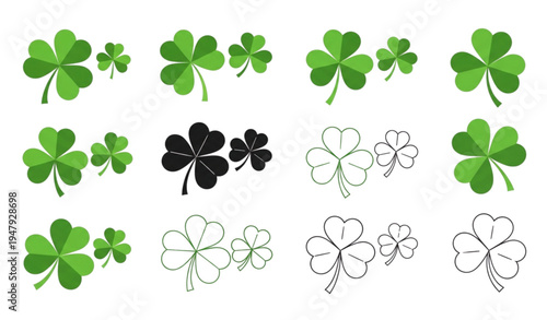 Green, Black, and Outline Shamrock Vector Icons for St Patrick’s Day and Good Luck