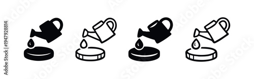 Doodle watering can icons set. Watering, plant care, and gardening symbols.