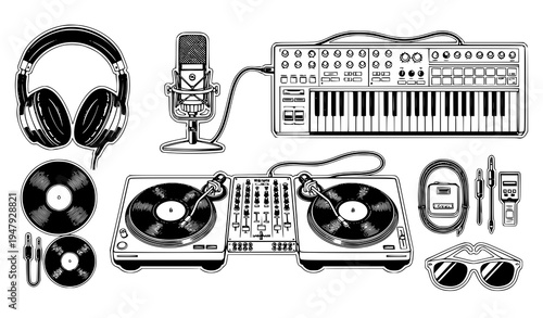 Vector DJ Clipart Black and White Illustrations with Headphones and Music Gear