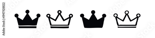 Hand drawn doodle crown icons set. Royal, king, and queen symbols in various styles.