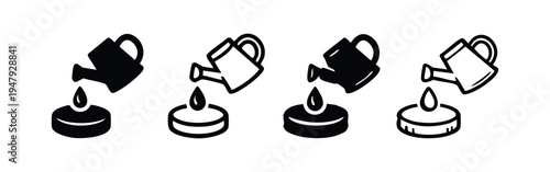 Doodle watering icons set. Gardening, plant watering, and liquid drop symbols.