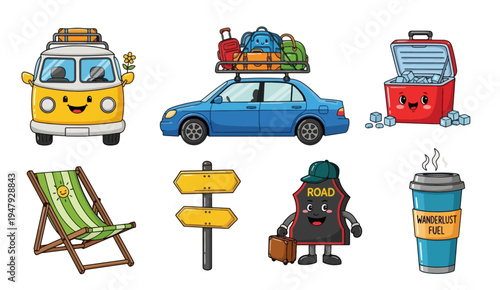 Cute cartoon travel icons with car, camper van, and accessories
