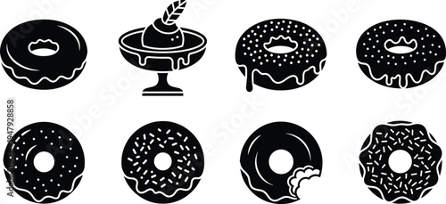 Donut dessert icon collection with glazed sprinkle doughnut silhouettes isolated sweet bakery pastry food symbols for cafe menu design