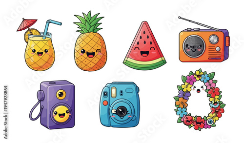 Cute cartoon fruit and retro gadgets with happy faces