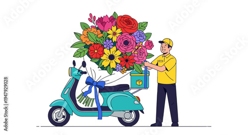 Delivery man with bouquet of flowers on teal scooter