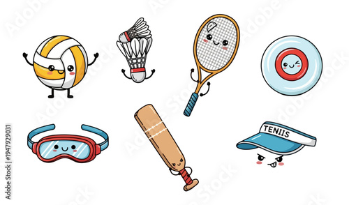 Cute Cartoon Sports Equipment with Smiling Faces on White Background