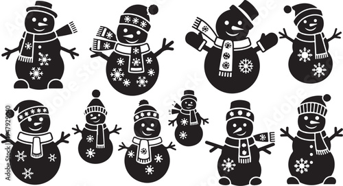Black and white snowmen in various winter hats and scarves