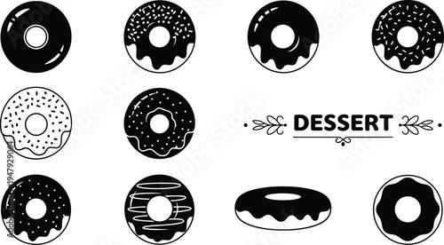 Donut dessert icon set with glazed sprinkle doughnut silhouettes and bakery sweet pastry symbols isolated for cafe menu design