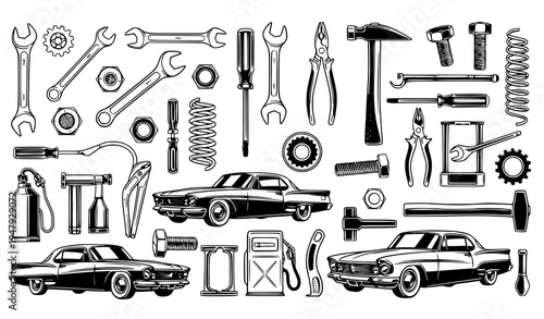 Φωτογραφία Vintage Car Repair Design Elements Vector Set Black and White Isolated