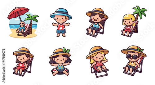 Cute Cartoon Characters Relaxing on Beach with Umbrella and Chairs