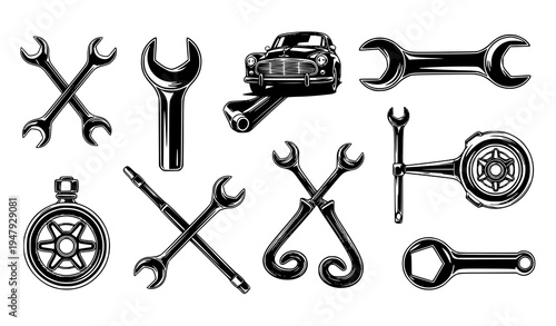 Black and White Vintage Car Repair Elements Vector Illustration Collection
