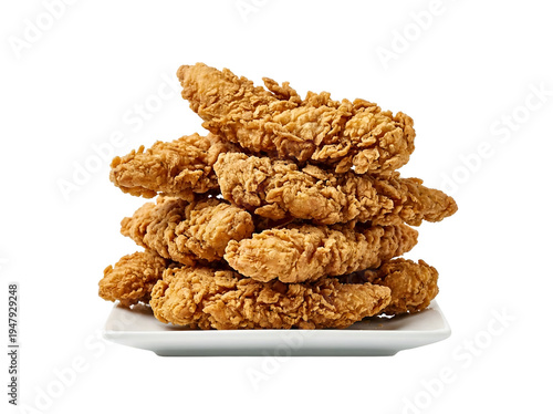 Crispy golden fried chicken tenders stacked on white plate isolated on black background isolated on transparent background