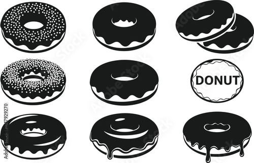 Donut icon collection with glazed chocolate sprinkle doughnut silhouettes isolated dessert bakery sweet food symbols for menu design