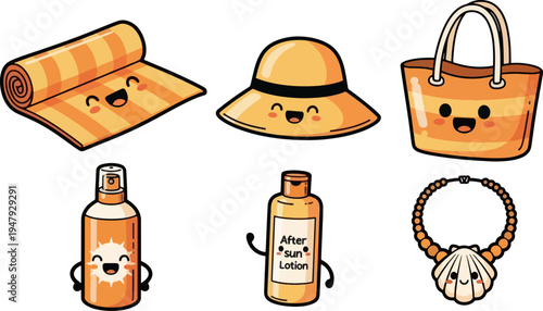 Cute cartoon summer accessories with smiling faces vector illustration